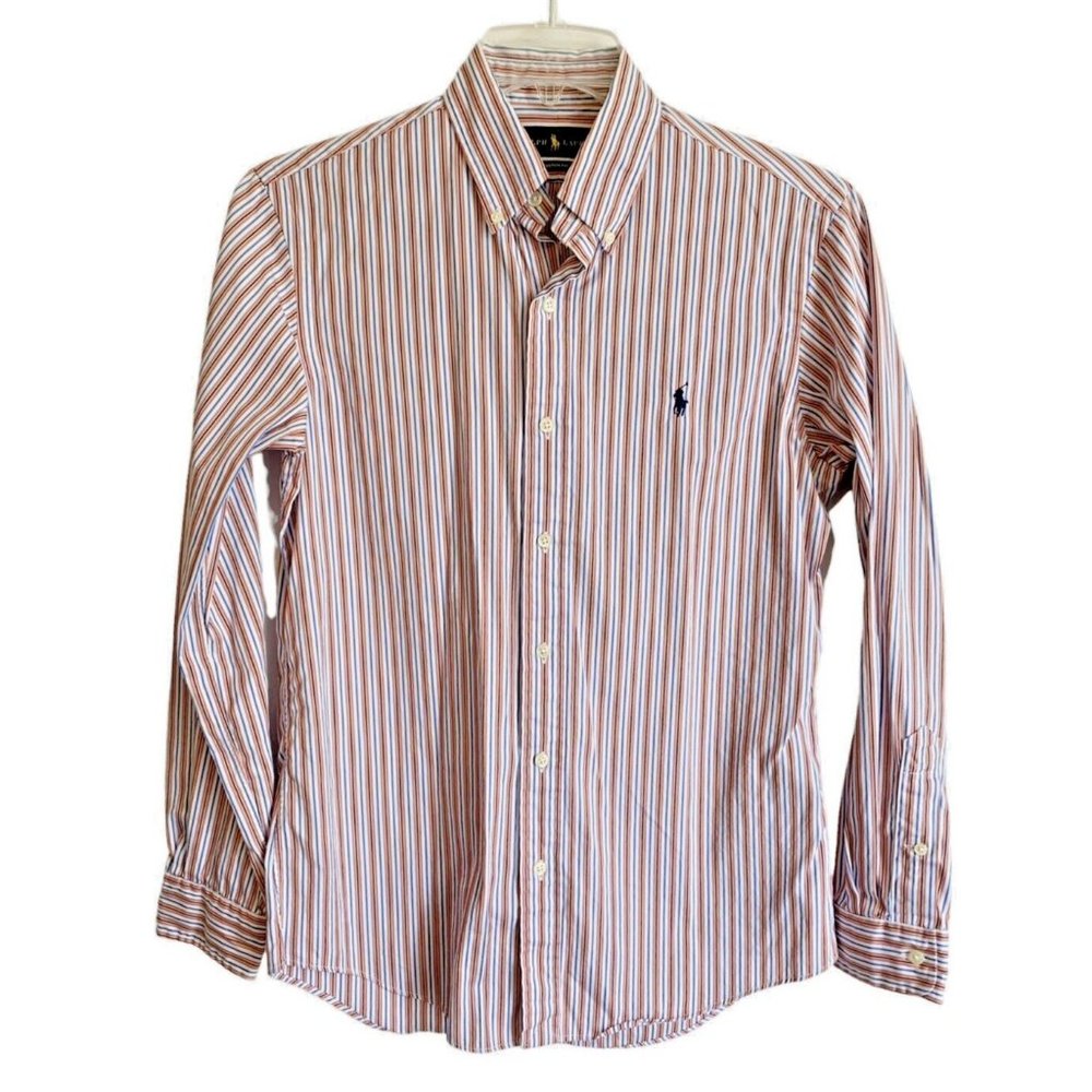 Ralph Lauren Button Up Long Sleeve Custom Fit Blue and Coral Striped Shirt Small